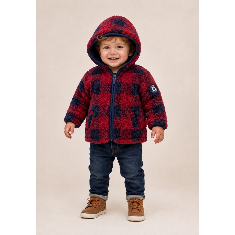 Ben Sherman Jacket Infant Boy 12 Months Red Blue Buffalo Plaid Full Zip Hood